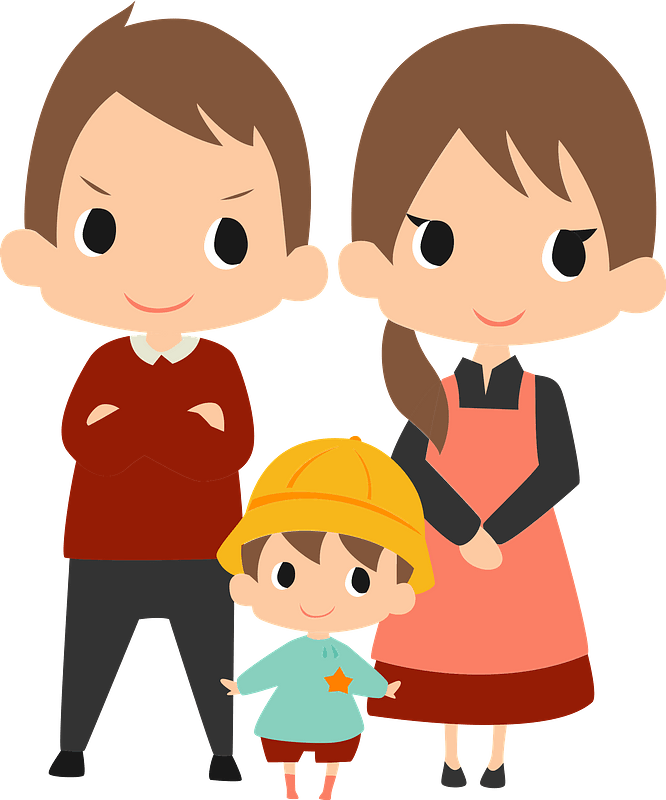 Happy cartoon family of three: father in red sweater, mother in apron, child in yellow hat and star shirt.