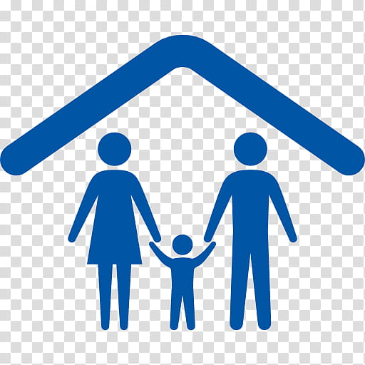 Blue icon of a family-mother, father, and child-under a roof symbolizing home and protection.