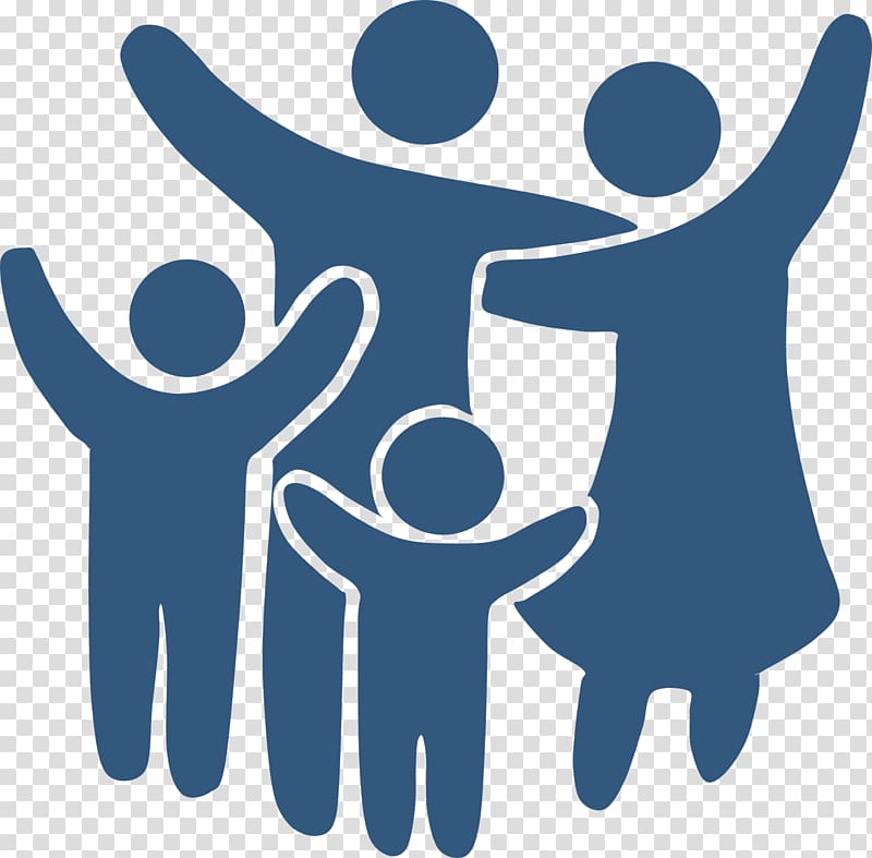 Blue silhouette of a joyful family with two adults and two children raising arms in unity and celebration.