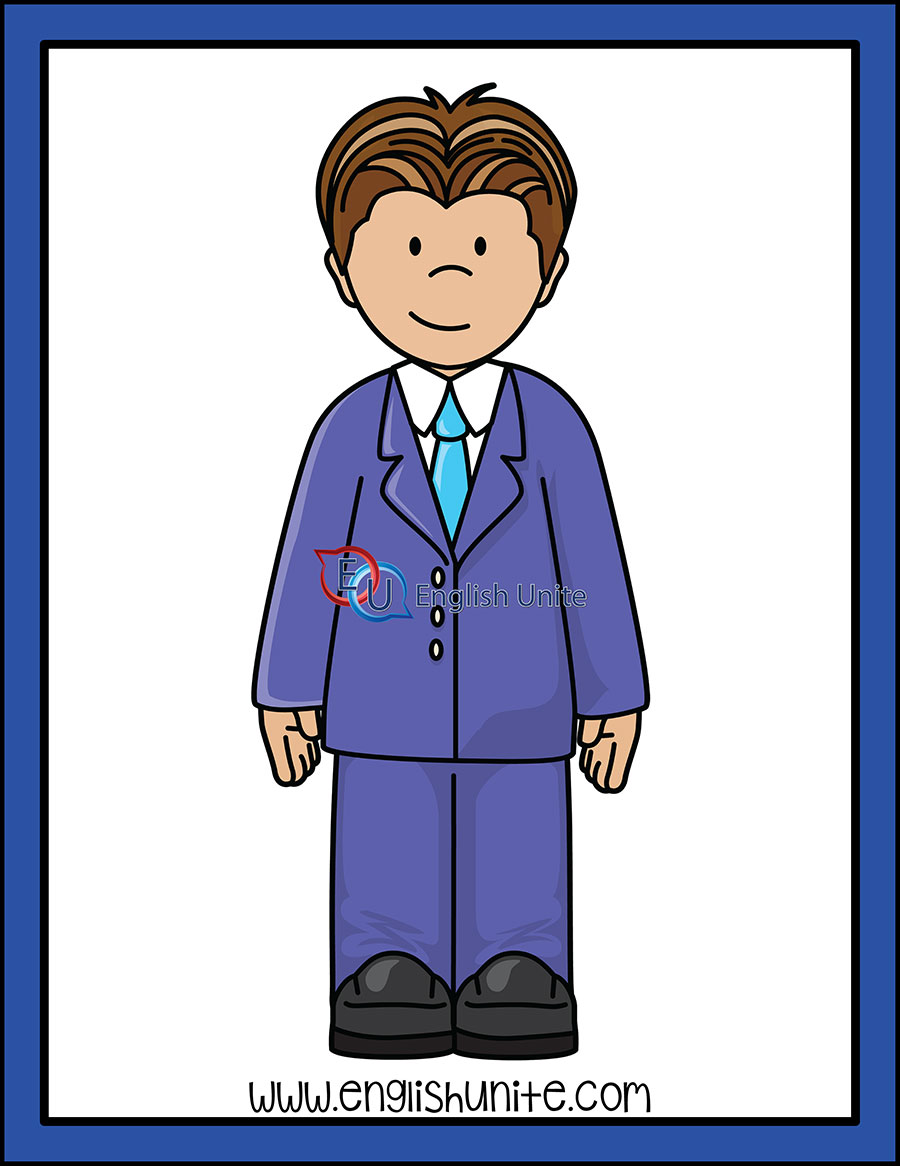 Cartoon boy in a blue suit and light blue tie, smiling, educational illustration by English Unite.