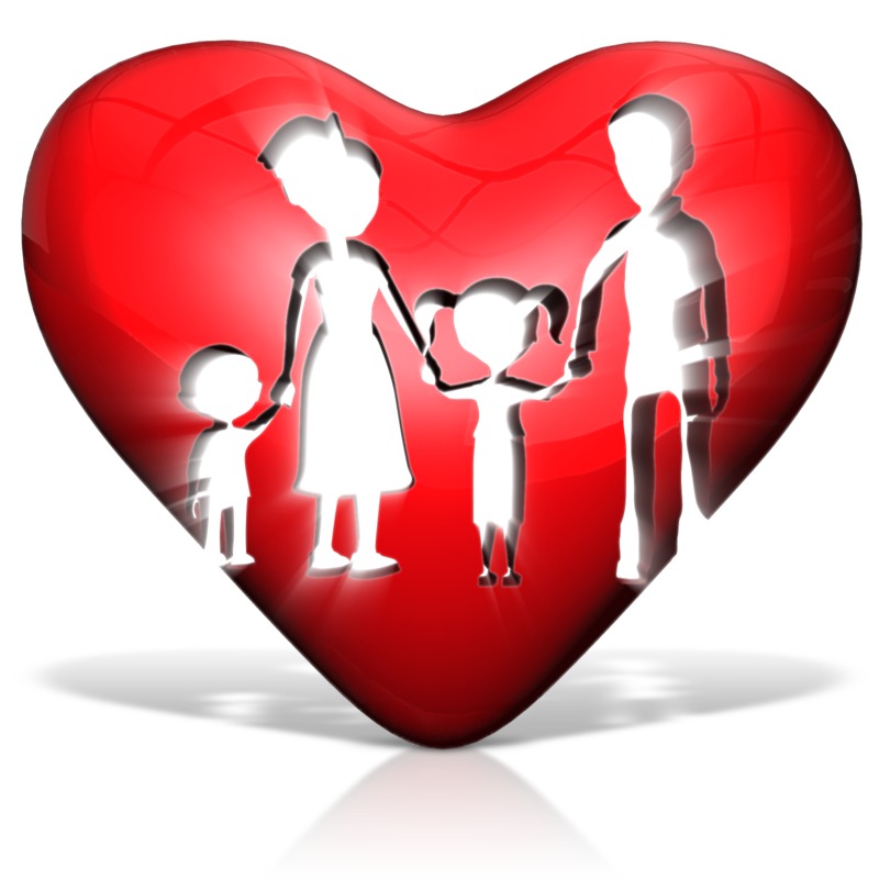 Silhouetted family of four holding hands inside a glossy red heart shape, symbolizing love and unity.
