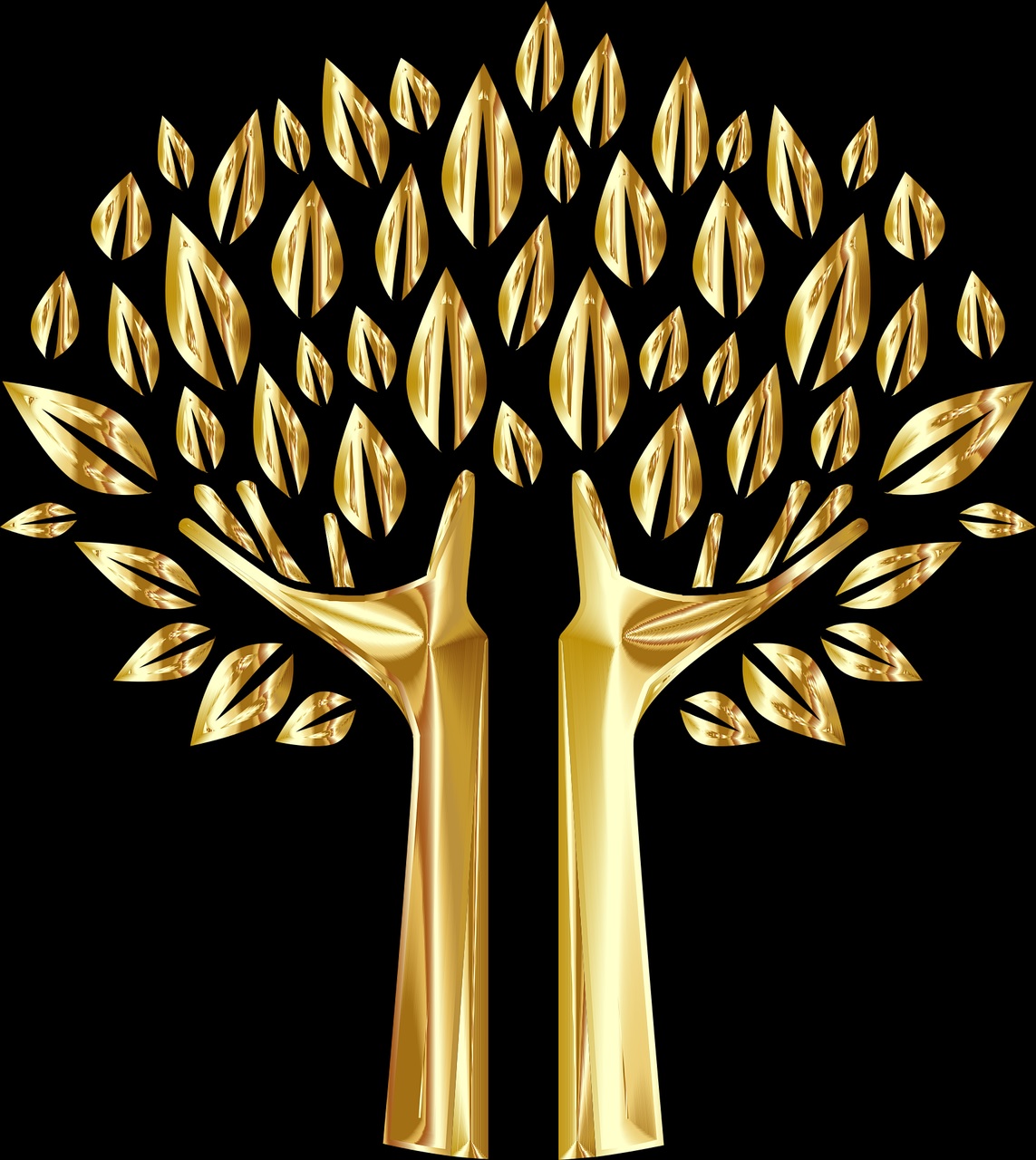 Two golden stylized trees with metallic leaves on a black background, symbolizing growth, prosperity, or duality.