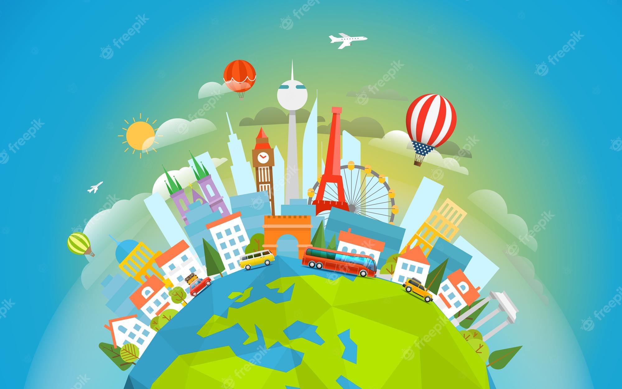 Colorful globe with iconic world landmarks, hot air balloons, vehicles, and airplanes symbolizing global travel and tourism.