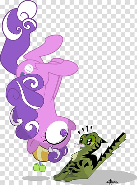 A pink pony with purple curly hair hangs upside-down beside a startled green striped cat.