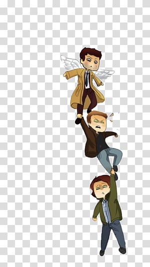 Three chibi-style characters stacked vertically-angelic figure on top, two others below in expressive poses-on transparent background.