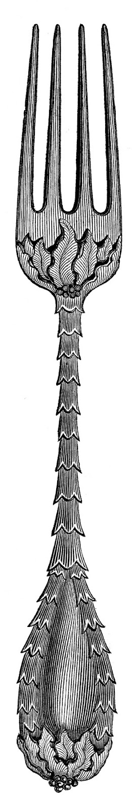 Intricately engraved antique silver fork with leafy motifs and scalloped handle detailing.