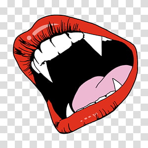 Stylized cartoon vampire mouth with sharp fangs, red lips, and pink tongue on transparent background.