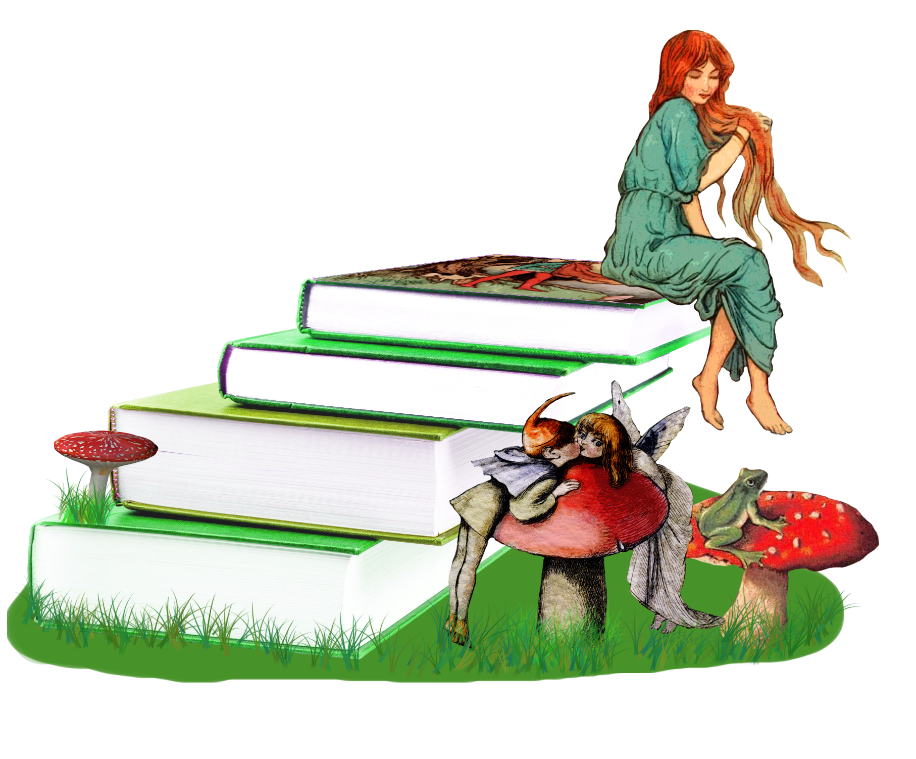 A whimsical fairy-tale scene with stacked books, red-capped mushrooms, winged fairies kissing, a frog, and a red-haired woman in green robes.