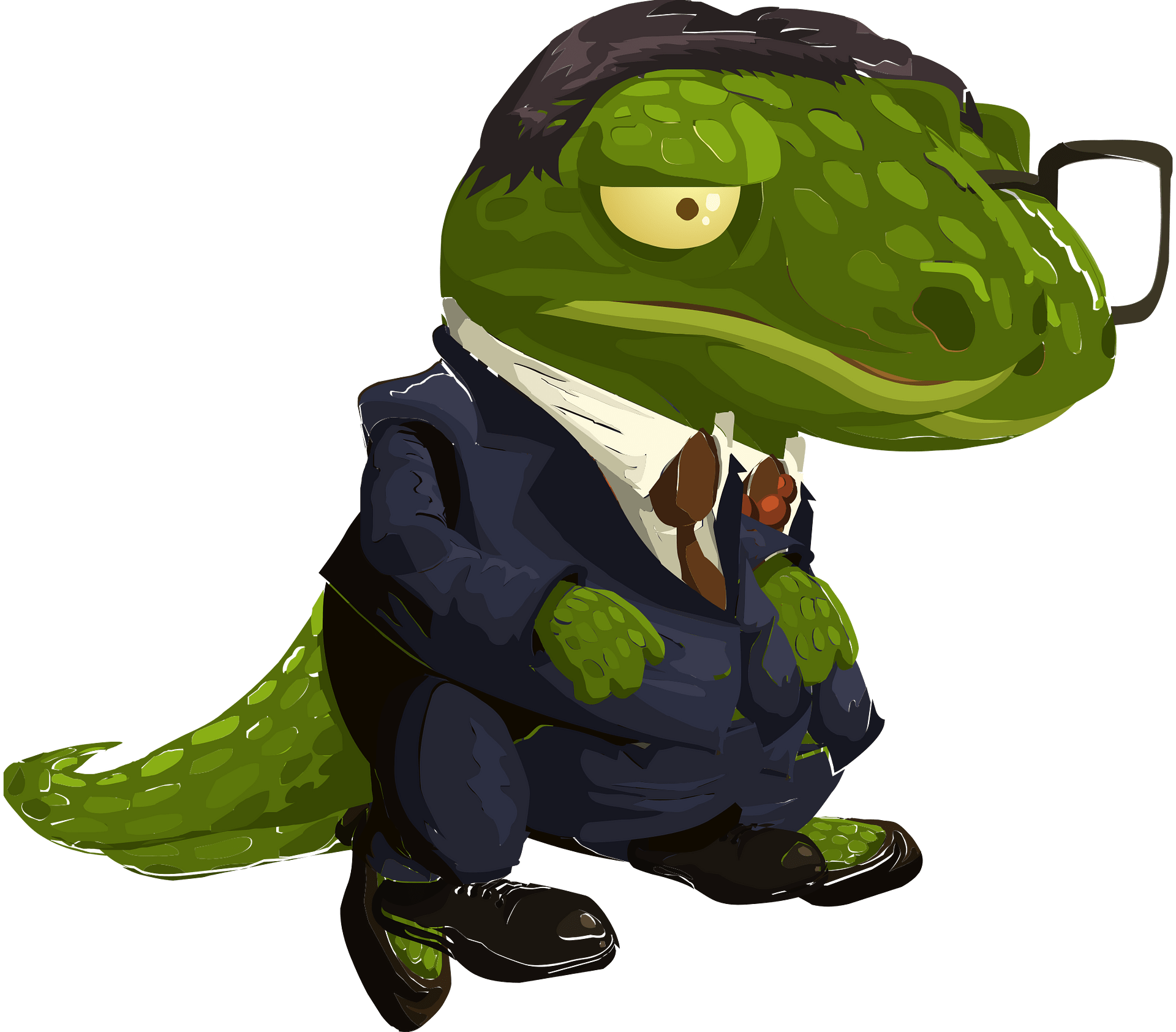A green anthropomorphic lizard in a navy suit, white shirt, brown tie, and glasses, crouching with a stern expression.