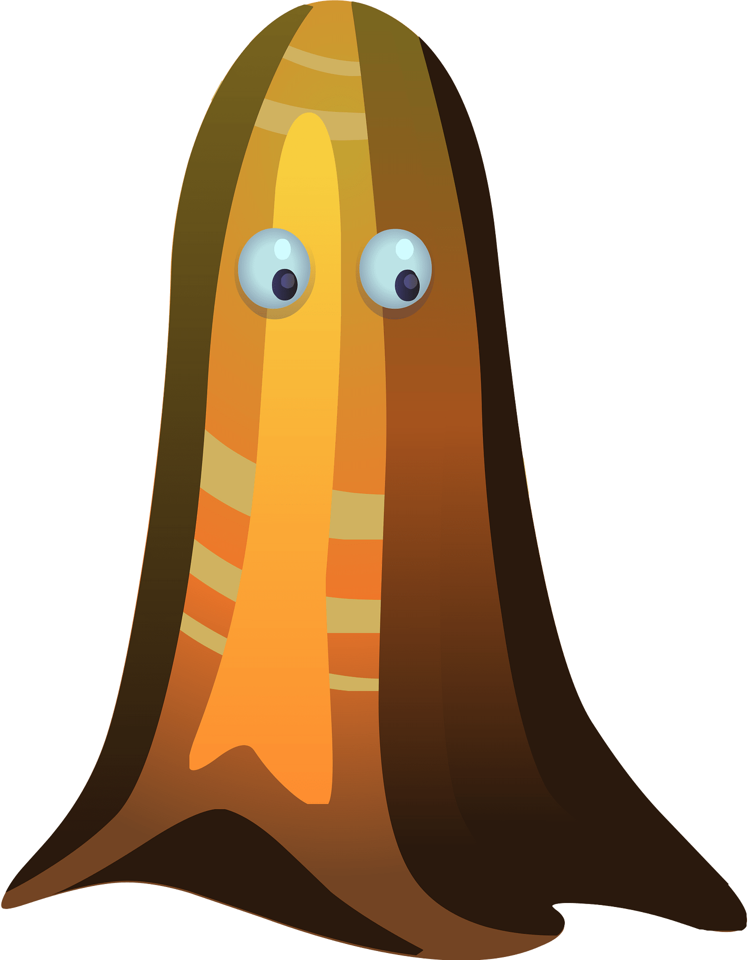 A cartoonish, friendly ghost-like creature with large blue eyes and striped orange-brown body against green background.