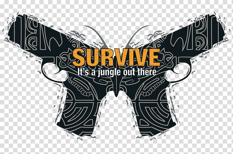 Stylized butterfly formed by two crossed pistols with tribal patterns, overlaid text "SURVIVE - It's a jungle out there".