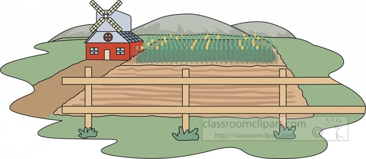Red farmhouse with windmill, fenced cornfield, and rolling green hills in a pastoral farm scene.