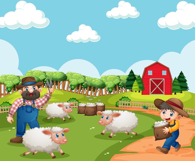 Farmer and child shearing sheep in a sunny farmyard with red barn and green fields.