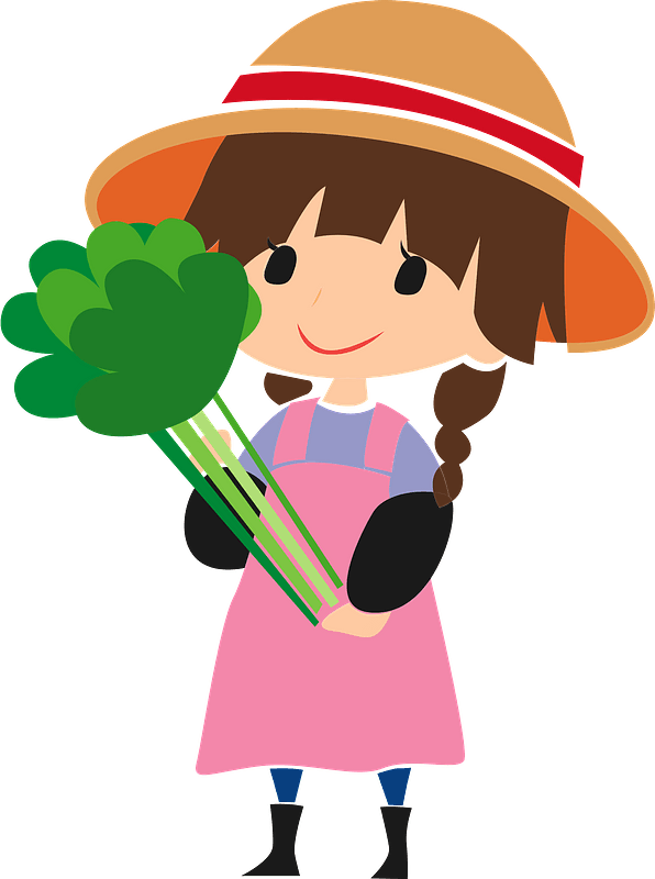 Smiling girl in straw hat and pink apron holding fresh green celery bunch.