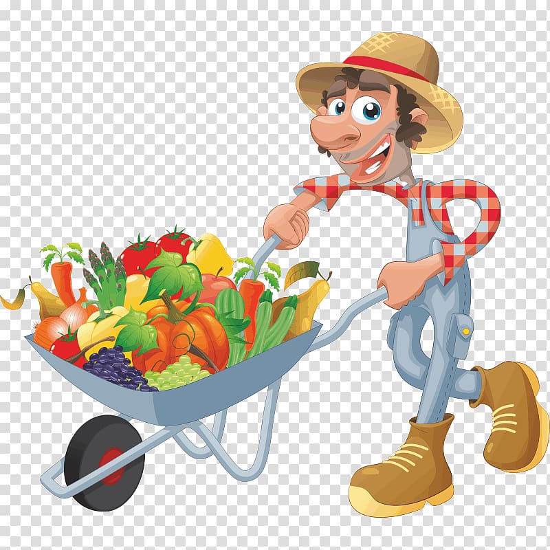 Cheerful cartoon farmer in straw hat and overalls pushing a wheelbarrow full of colorful fresh vegetables.