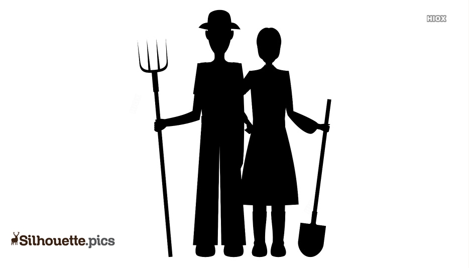 Silhouette of a farmer couple holding pitchfork and shovel, standing side by side in traditional rural attire.