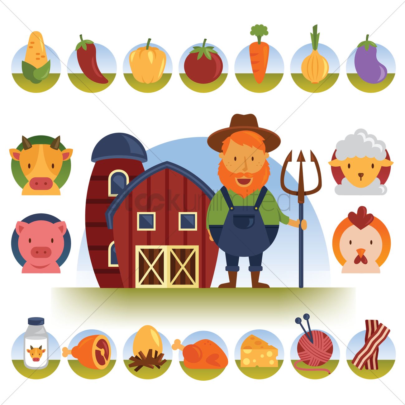 Cartoon farmer with barn, livestock, crops, and farm products in flat vector style.