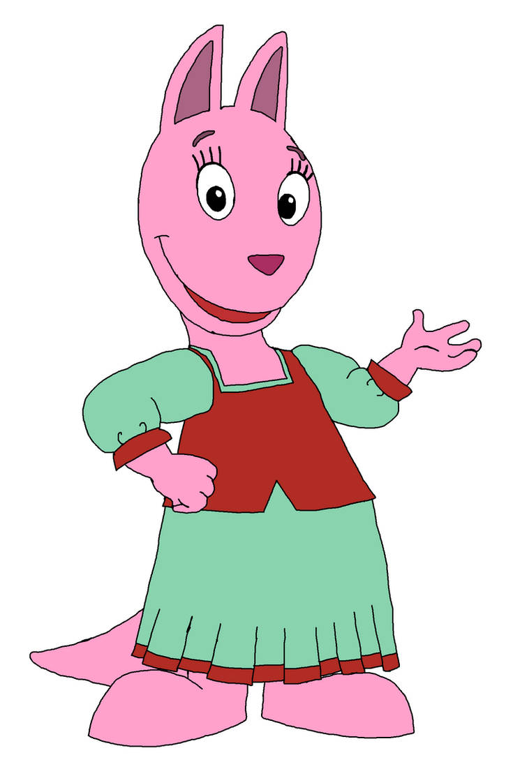 Pink anthropomorphic rabbit character wearing green dress and red apron, smiling and gesturing warmly.
