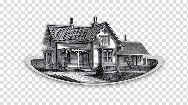 Black-and-white line drawing of a Victorian-style house with gabled roof, porch, and ornate trim.