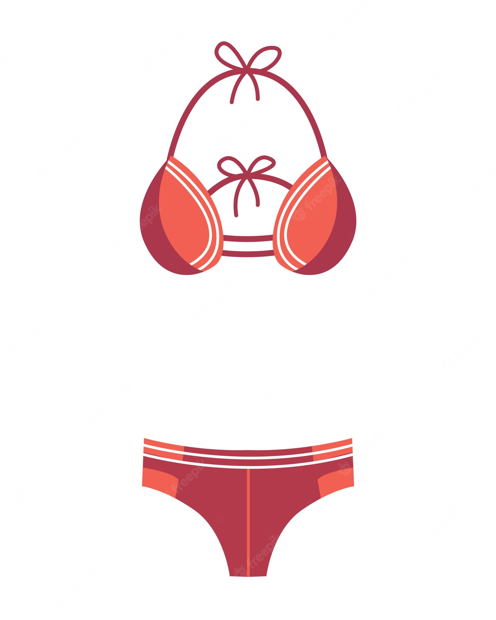 Red and coral two-piece bikini with halter top and tie details, flat vector illustration on white background.