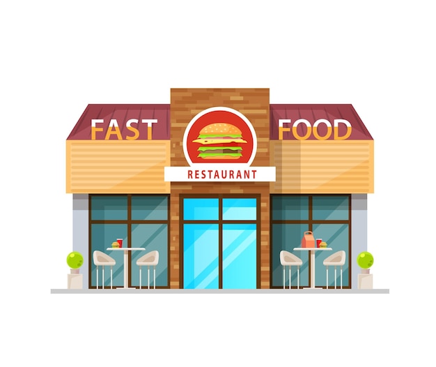Flat-style illustration of a fast food restaurant facade with burger logo, outdoor seating, and large windows.