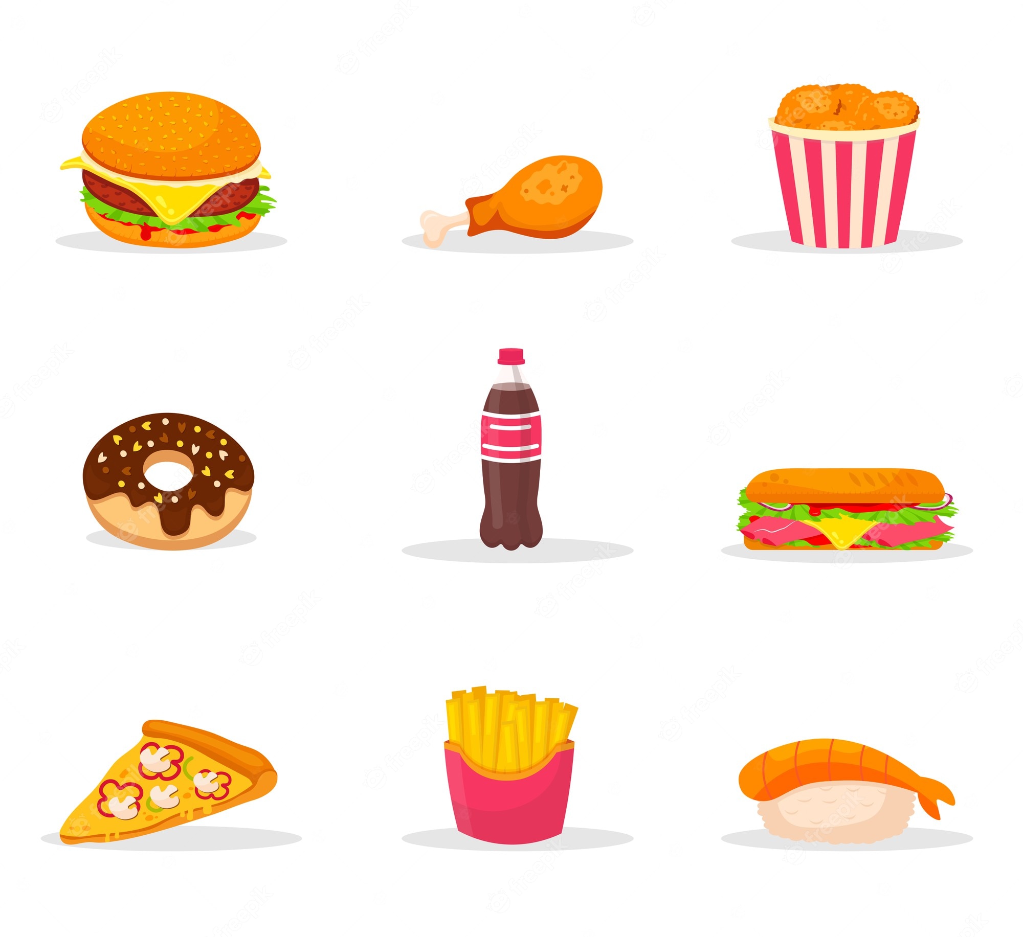 Collection of fast food icons including burger, chicken drumstick, fries, soda, donut, pizza slice, sandwich, popcorn, and sushi.