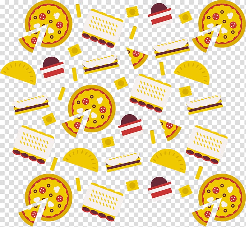 Flat-style illustration of assorted fast food items including pizzas, tacos, burgers, and fries scattered on transparent background.