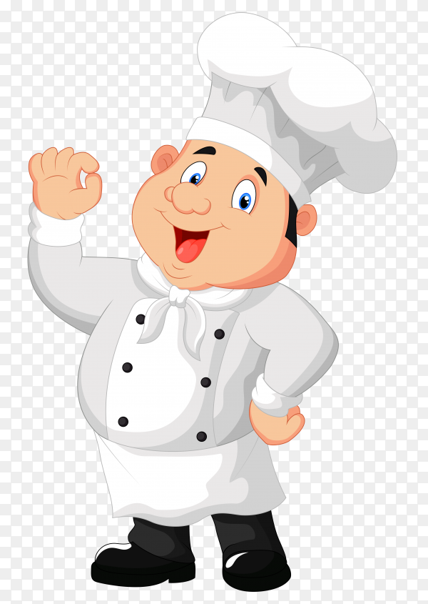 Cheerful cartoon chef in white uniform and tall hat making an OK gesture.