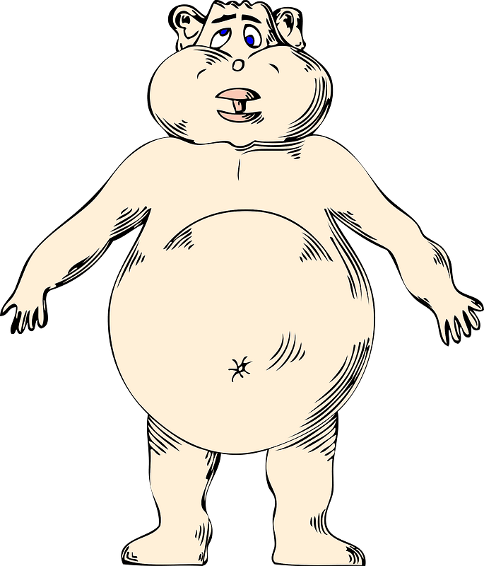 Cartoon illustration of a surprised, overweight man with exaggerated features and a large belly.