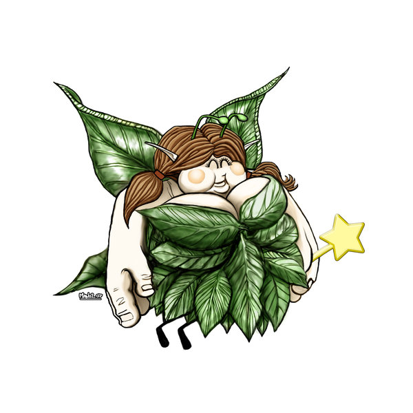 A whimsical leaf fairy with brown pigtails, green wings, and a leafy dress holding a golden star wand.