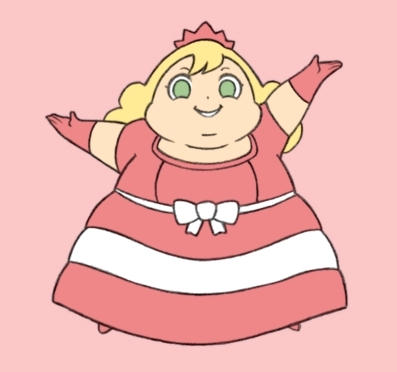 Chubby cheerful cartoon girl with blonde hair, green eyes, pink dress, white bow, and crown, arms raised joyfully.