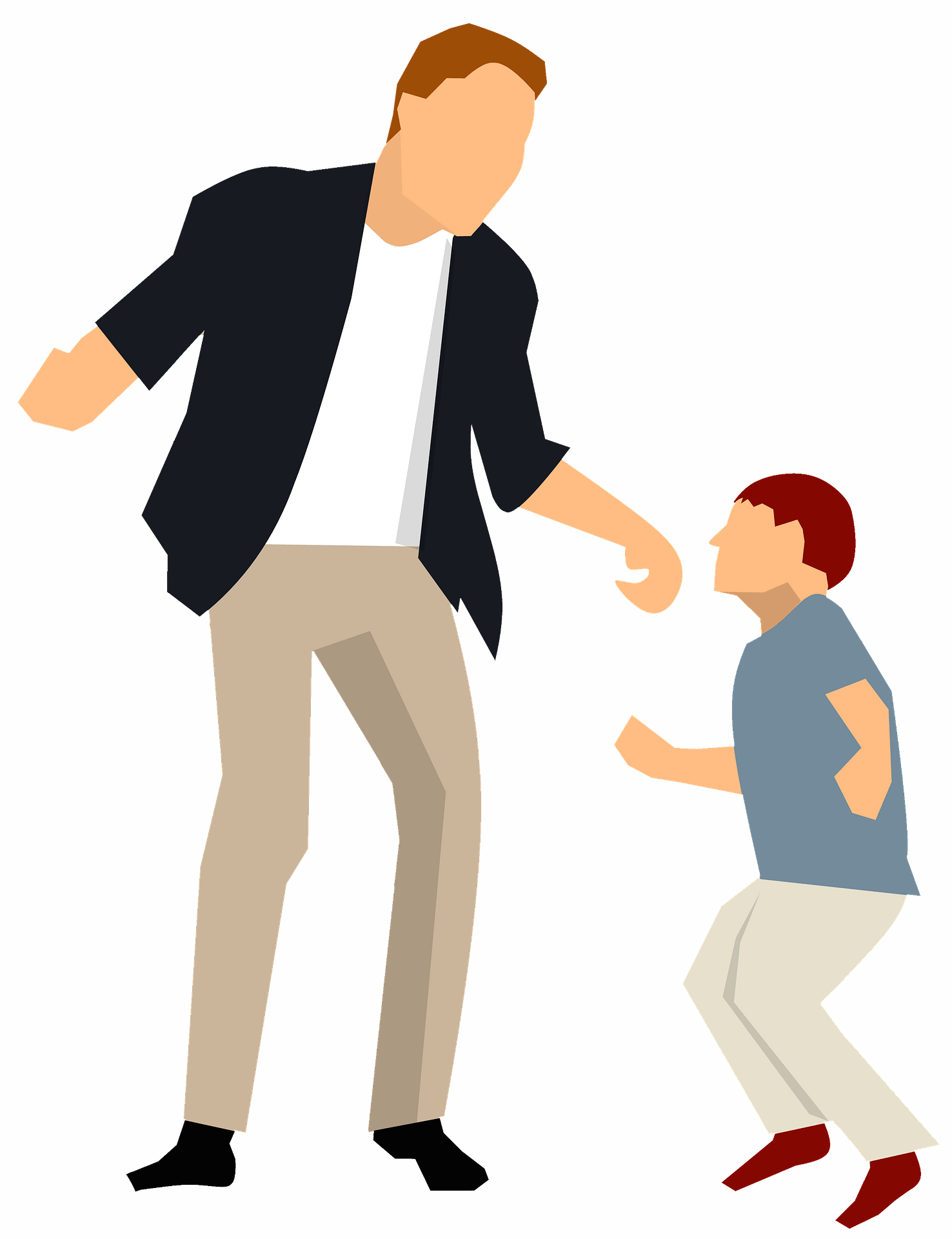 A stylized illustration of an adult man reaching toward a young boy who is crouching and looking up, suggesting guidance or connection.