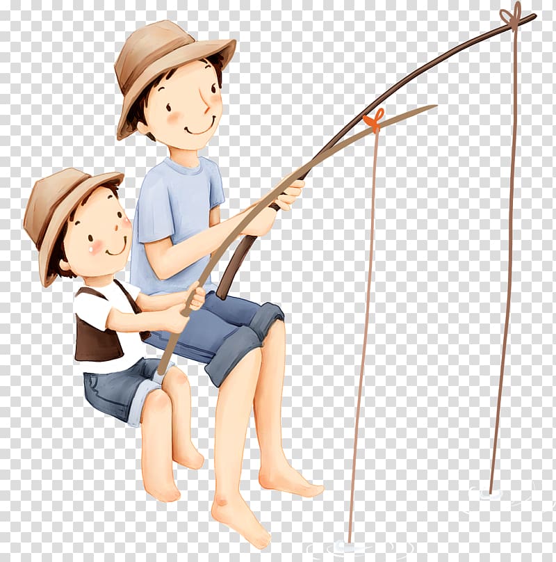 A father and son in matching hats sit together fishing with bamboo rods, smiling warmly on a transparent background.