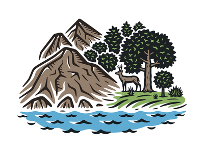 A stylized illustration of a deer standing near trees beside a lake with mountains in the background.