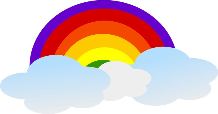 A vibrant seven-color rainbow arching over soft white clouds on a white background.