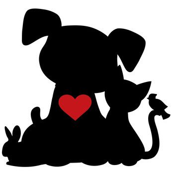 Silhouette of a dog, cat, rabbit, and bird gathered around a red heart.
