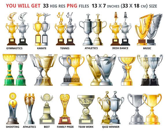 Collection of 33 high-resolution PNG trophy icons for sports and awards, including gymnastics, karate, tennis, athletics, Irish dance, music, shooting, and more.