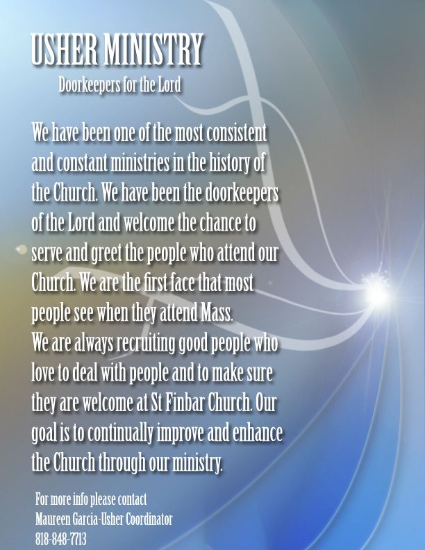 Usher Ministry flyer for St. Finbar Church, highlighting doorkeepers' role and contact info.