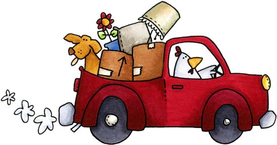 A cartoon chicken drives a red pickup truck packed with moving boxes, a dog, a lamp, and flowers.