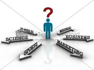 A blue figure stands at a crossroads with arrows pointing to career paths: Science, Sports, Field, Medical, Business, and Marketing, under a red question mark.
