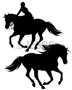 Black silhouettes of a rider on a galloping horse and a free-running horse, both in dynamic motion against white background.