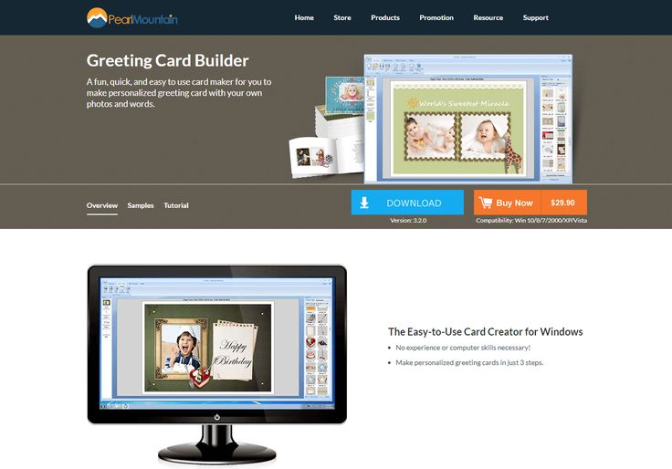 PearlMountain Greeting Card Builder software interface showing customizable photo cards on desktop and web.