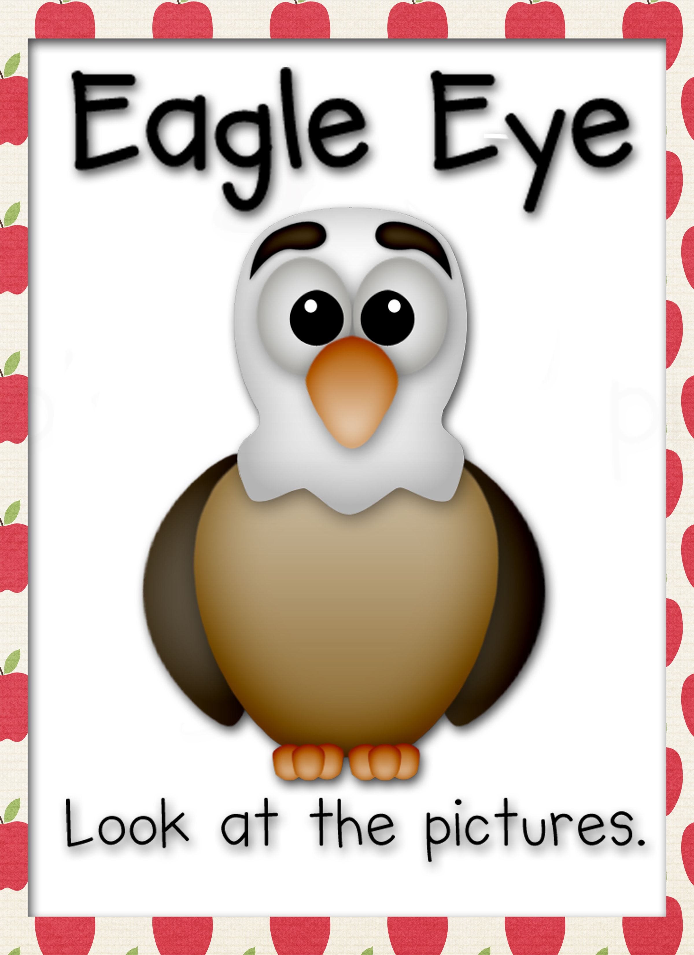 Cartoon eagle with large eyes and "Eagle Eye" text, framed by red apples.