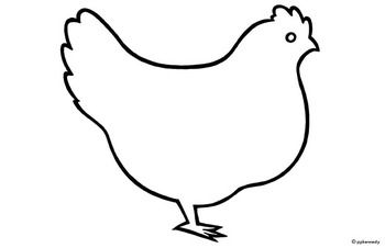 Simple black-and-white line drawing of a standing chicken with feathered wing, tail, and comb.