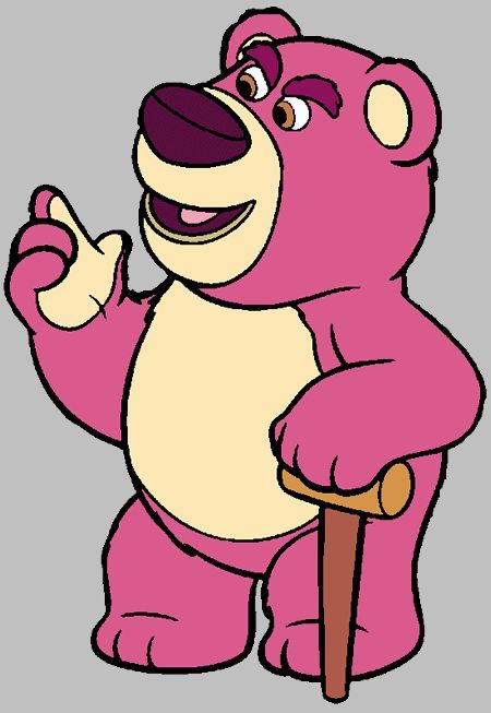 A cheerful pink bear character with a cane, pointing upward with a friendly smile.
