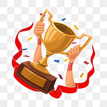Golden trophy held aloft by two hands, surrounded by red ribbon and colorful confetti, symbolizing victory and celebration.