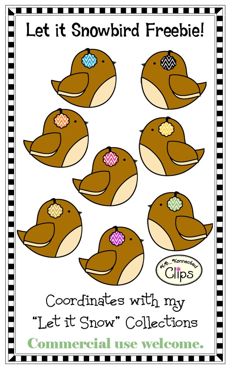 Eight cartoon snowbirds with patterned headbands in various colors, labeled "Let it Snowbird Freebie!" and "Commercial use welcome."