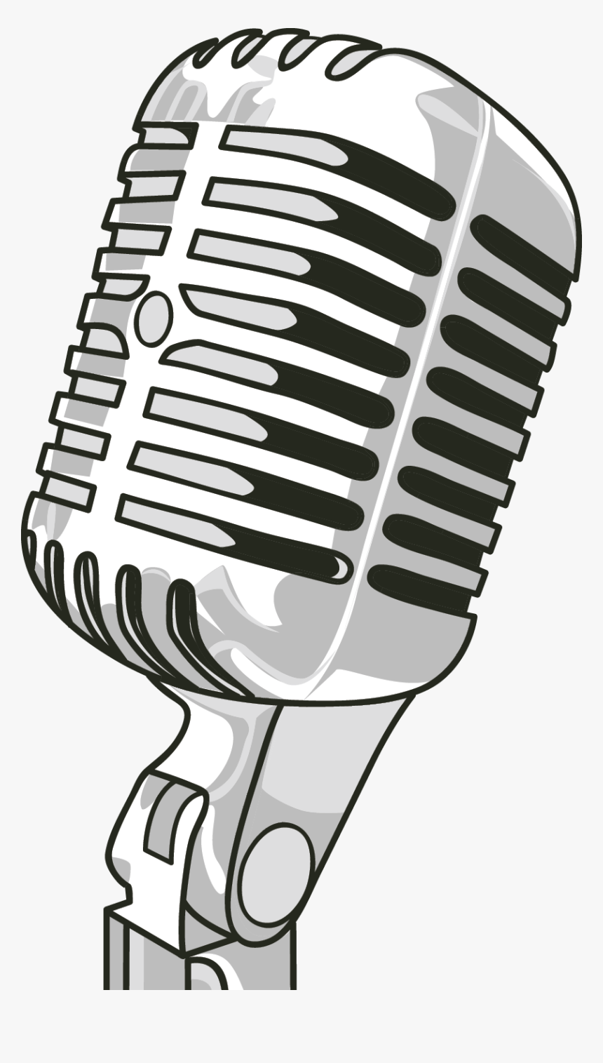 Vintage-style silver microphone with classic grille design and stand, illustrated in grayscale.