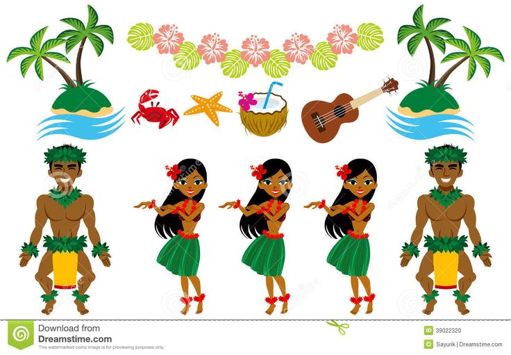 Hawaiian hula dancers, ukulele, palm islands, tropical flowers, crab, starfish, and coconut drink in festive vector illustration.