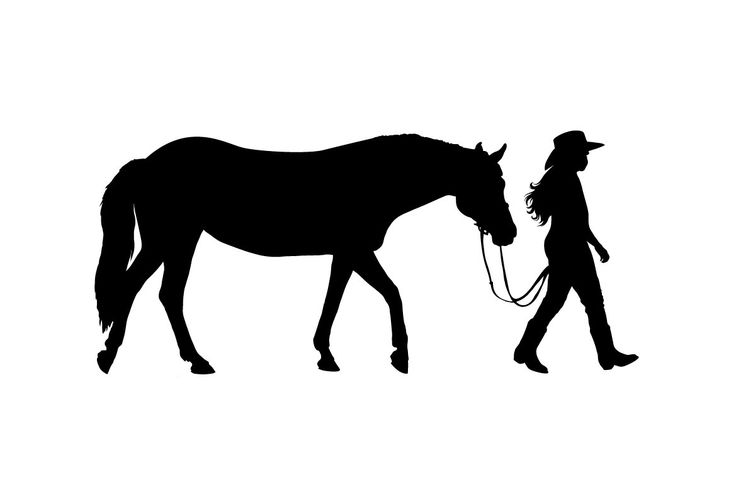 Silhouette of a woman in a cowboy hat leading a horse by reins, walking side by side on white background.